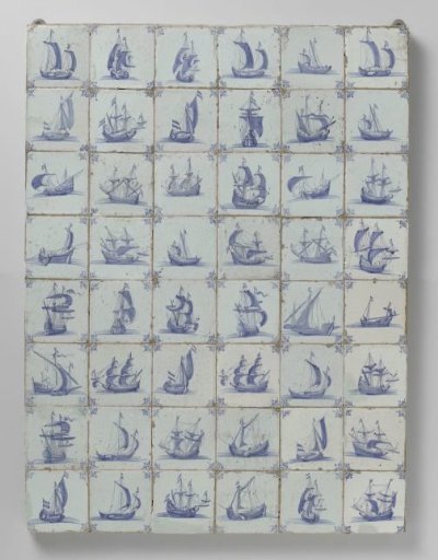 Panel of forty-eight tiles with ships