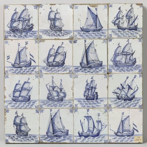 Panel of Sixteen Tiles with Ships