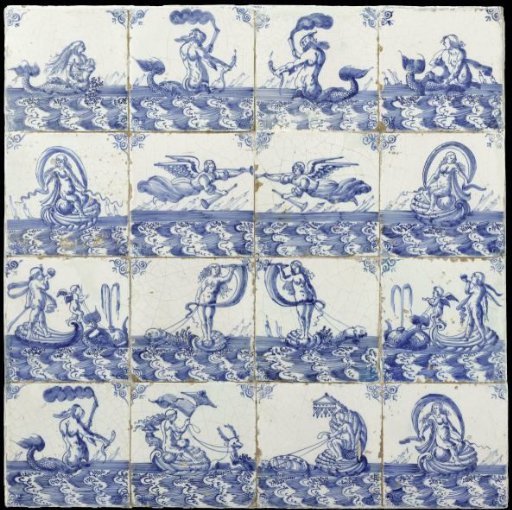 Panel of sixteen tiles with sea creatures