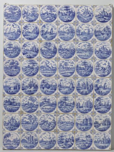 Field of forty-eight tiles with landscapes featuring buildings
