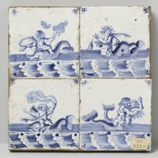 Panel of Four Tiles with Sea Creatures