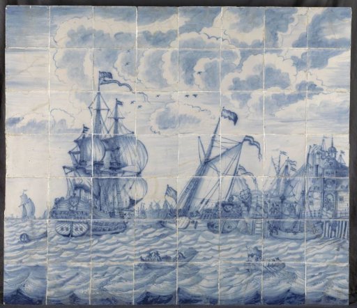 Tile panel with the ship "Den Briel" of William III with the admiral's yacht off the Old Head at Rotterdam