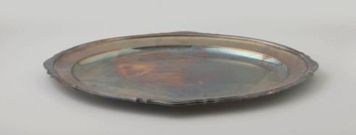 Presentation bowl of plate, with irregularly scalloped edge, engraved with a monogram