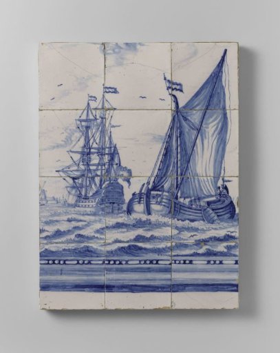Tile panel of twelve tiles with bark and kofschip