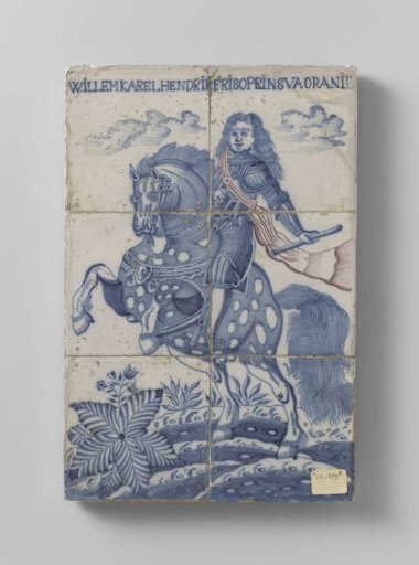 Tile tableau with William IV on horseback, with inscription: WILLEM KAREL HENDRIK FRISO PRINCE OF ORANGE