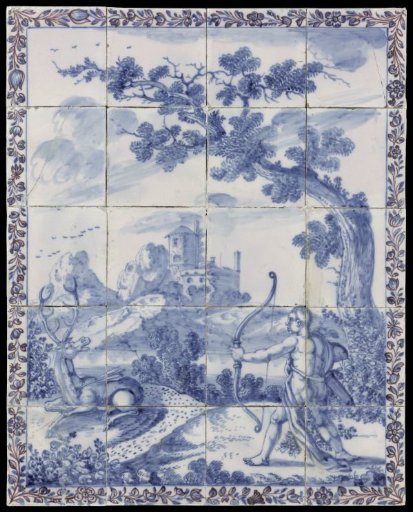 Tile panel with a landscape in blue depicting a mythological scene: Cyparissus turned into a cypress