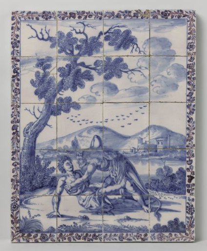 Tile panel with a landscape in blue depicting a mythological scene: Hercules and Achelous