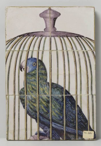 Tile panel with a parrot in a cage