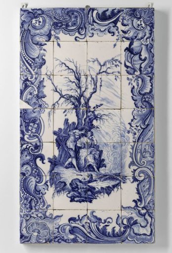 Tile tableau with a blue-painted representation of one of the four seasons: winter