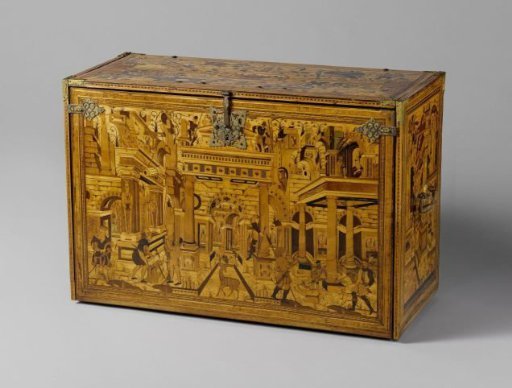 Chest with Marquetry Featuring Panels Depicting Construction Work
