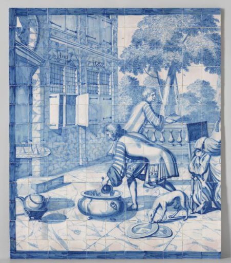 Two servants at a house with the inscription: ANNO 1707 between the windows