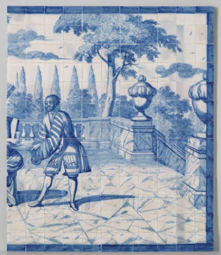 Servant at a staircase with two garden vases on either side