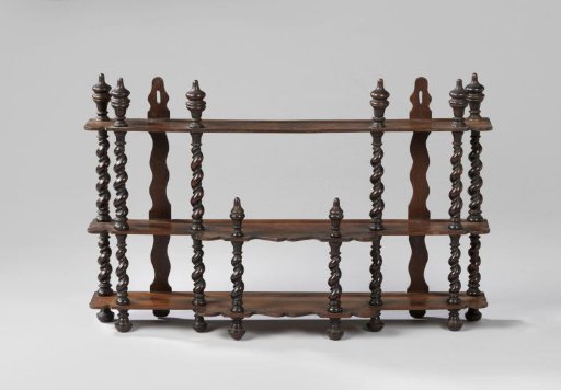 Wall Rack or Étagère of Walnut Wood with Three Shelves, Connected by Twisted Stiles