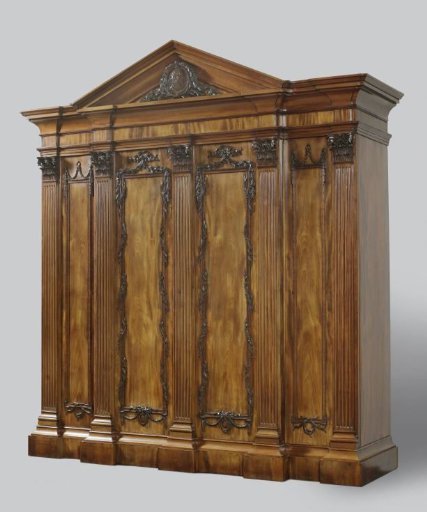 Collector's cabinet, with the appearance of a classical building, veneered with mahogany