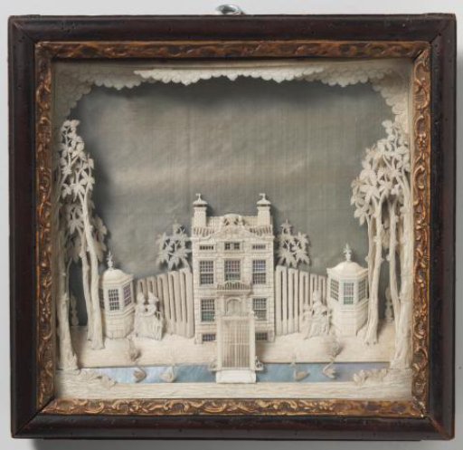 Ivory and mother-of-pearl inlaid object in a dark brown frame with gilded inlay. House on a canal with swans, three stories, topped by a balustrade with shield-bearing putti. In the shield the letters AVM