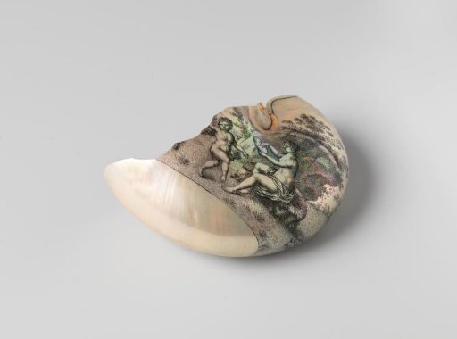 Nautilus shell engraved with a dancing Bacchus child and a nymph and cupids