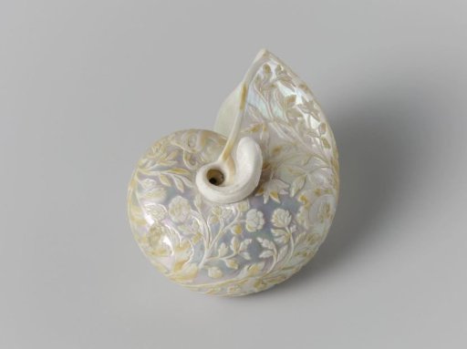 Nautilus shell of mother-of-pearl carved with floral scrolls