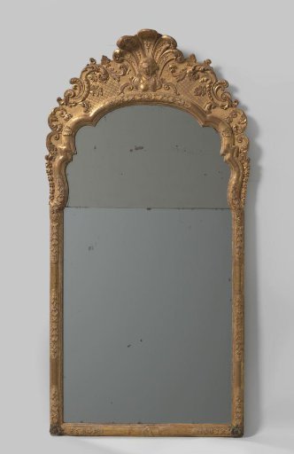 Mirror with Gilded Linden Wood Frame, Carved with S- and C-Volutes, Interrupted Bandwork, Rosettes, Palmettes, and a Female Bust in Relief at the Top Center
