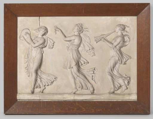 Overdoor of plaster in relief depicting three dancing and music-making female figures. In an oak frame