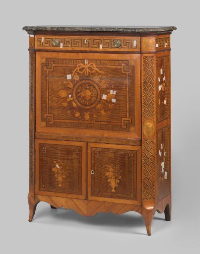 Secretary with Marquetry Decoration: on the doors vases with flowers and on the side panels bouquets. Top of gray marble.