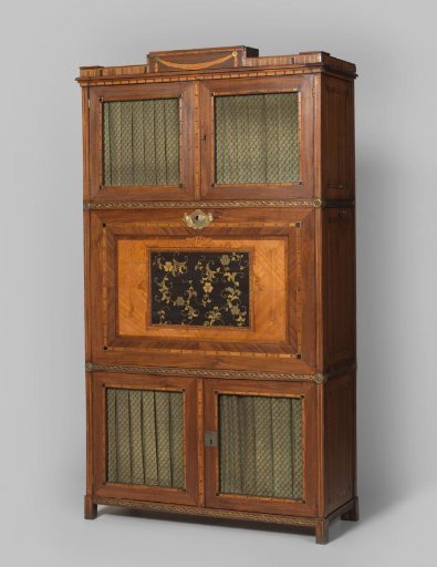 Cabinet of Oak, Veneered with Mahogany. With Two Doors Above and Below, Fitted with Mesh.