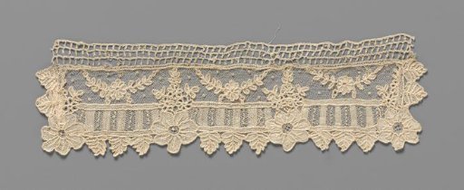 Cuff of needle lace with a straight ornamental band with vertical stripes and three simple floral swags of leaves and at the lowest point always one rosette flower