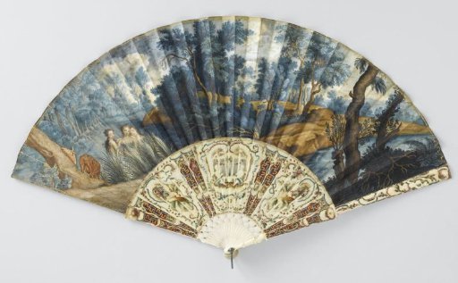 Folding fan, consisting of a frame of pierced and relief-carved ivory painted in watercolour and a leaf of leather, on which on the front with gouache a forest and river landscape with three nymphs is painted and on the back a house hidden among a thicket