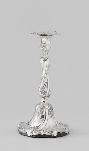 Candlestick of cast silver with bell-shaped foot
