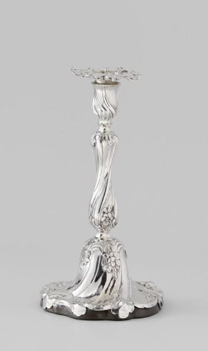 Candlestick of cast silver with bell-shaped foot