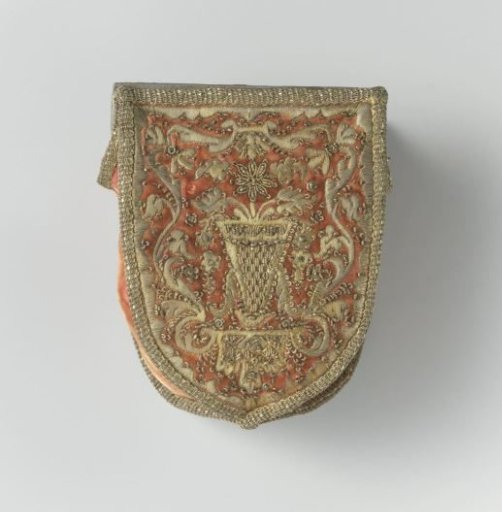 Card case of coral-red velvet with gold thread embroidery on two sides