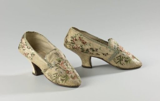 Lady's Shoe of Embroidered Silk with a Cream-Coloured Ground Depicting Bouquets of Roses and Blossoms