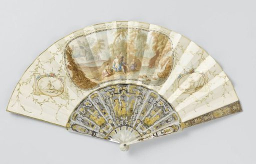 Folding fan with a paper leaf on which in watercolour a central medallion with Diana and her nymphs resting by a river, mounted on a frame of pierced and relief-carved ivory with 'métal en quatre couleurs'