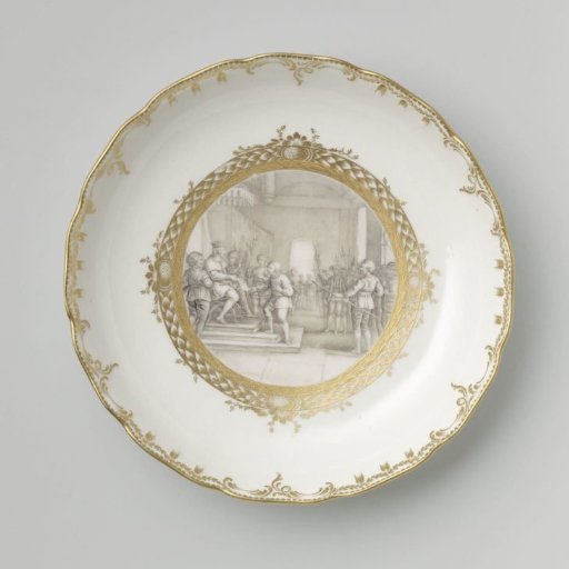 Dish, painted with the investiture of Dirk I as Count of Holland by King Charles