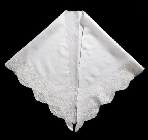 Fichu of linen batiste, triangular and scalloped, decorated with floral border embroidery, shading work and needle lace