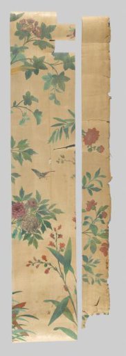 Wallpaper with trees, leaves and flowers, parrot and bird