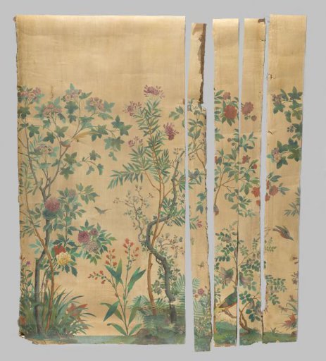 Wallpaper with trees, leaves and flowers, parrot and bird