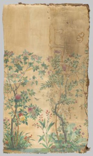 Wallpaper with trees, leaves and flowers, parrot and bird