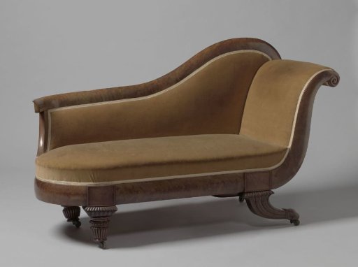 Bank upholstered in yellow textile and resting on two conical and two horn-shaped legs on a claw, with wheels underneath.
