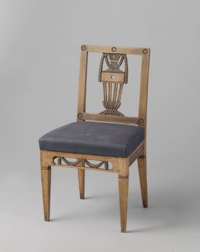 Chair of cherry(?) wood, with upholstered seat, rectangular back frame with openwork vase with garlands and rosettes