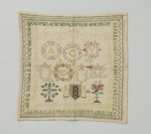 Sampler of colored silk on cotton muslin.