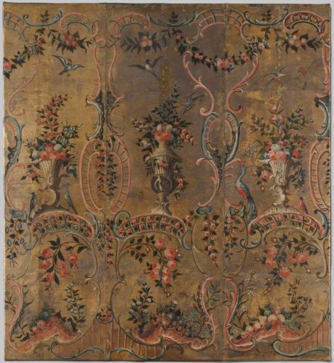 Panel with three bands of gold leather, gilded tooled ground with painting of frames of rocailles and S- and C-volutes containing flower vases, flower and fruit branches and garlands