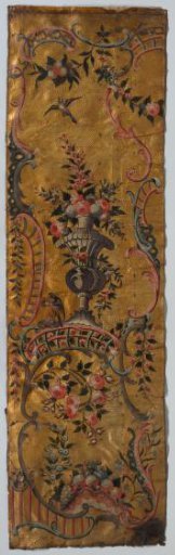 Band of gold leather, gilded tooled ground with painting of frames of rocailles and S- and C-volutes containing flower vases, flower and fruit branches and garlands