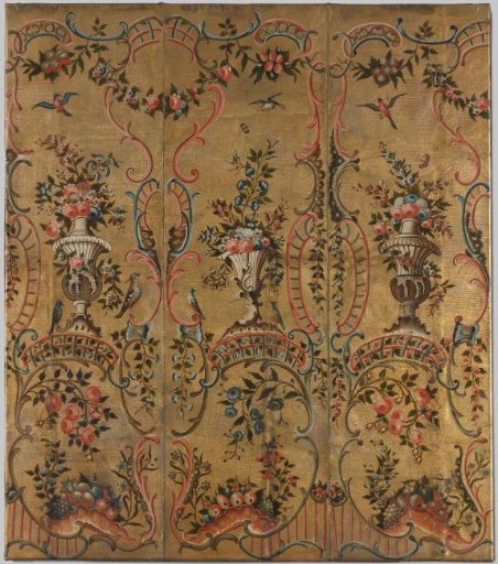 Panel with three bands of gold leather, gilded tooled ground with painting of frames of rocailles and S- and C-scrolls containing flower vases, floral and fruit branches and swags