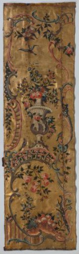 Band of gold leather, gilded tooled ground with painting of frames of rocailles and S- and C-scrolls containing flower vases, floral and fruit branches and swags