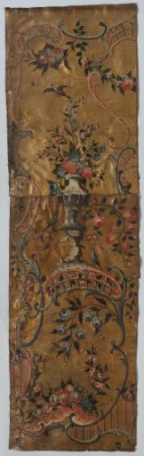 Band of gold leather, gilded tooled ground with painting of frames of rocailles and S- and C-scrolls containing flower vases, floral and fruit branches and swags