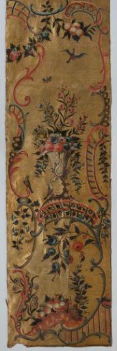 Band of gold leather, gilded tooled ground with painting of frames of rocailles and S- and C-scrolls containing flower vases, floral and fruit branches and swags