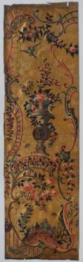 Band of gold leather, gilded tooled ground with painting of frames of rocailles and S- and C-scrolls containing flower vases, floral and fruit branches and swags