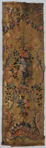 Band of gold leather, gilded tooled ground with painting of frames of rocailles and S- and C-scrolls containing flower vases, floral and fruit branches and swags