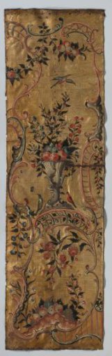 Band of gold leather, gilded tooled ground with painting of frames of rocailles and S- and C-scrolls containing flower vases, floral and fruit branches and swags