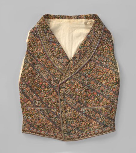 Men's waistcoat or Persian gilet with shawl collar, entirely embroidered with multicoloured floral motifs interrupted by diagonal and straight stripes